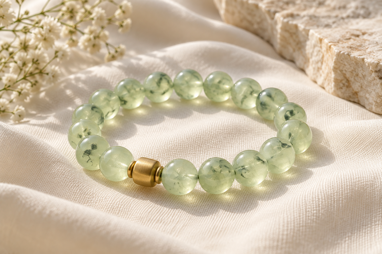 Prehnite translucent pale green bead bracelet on cream fabric with matte gold-tone detail