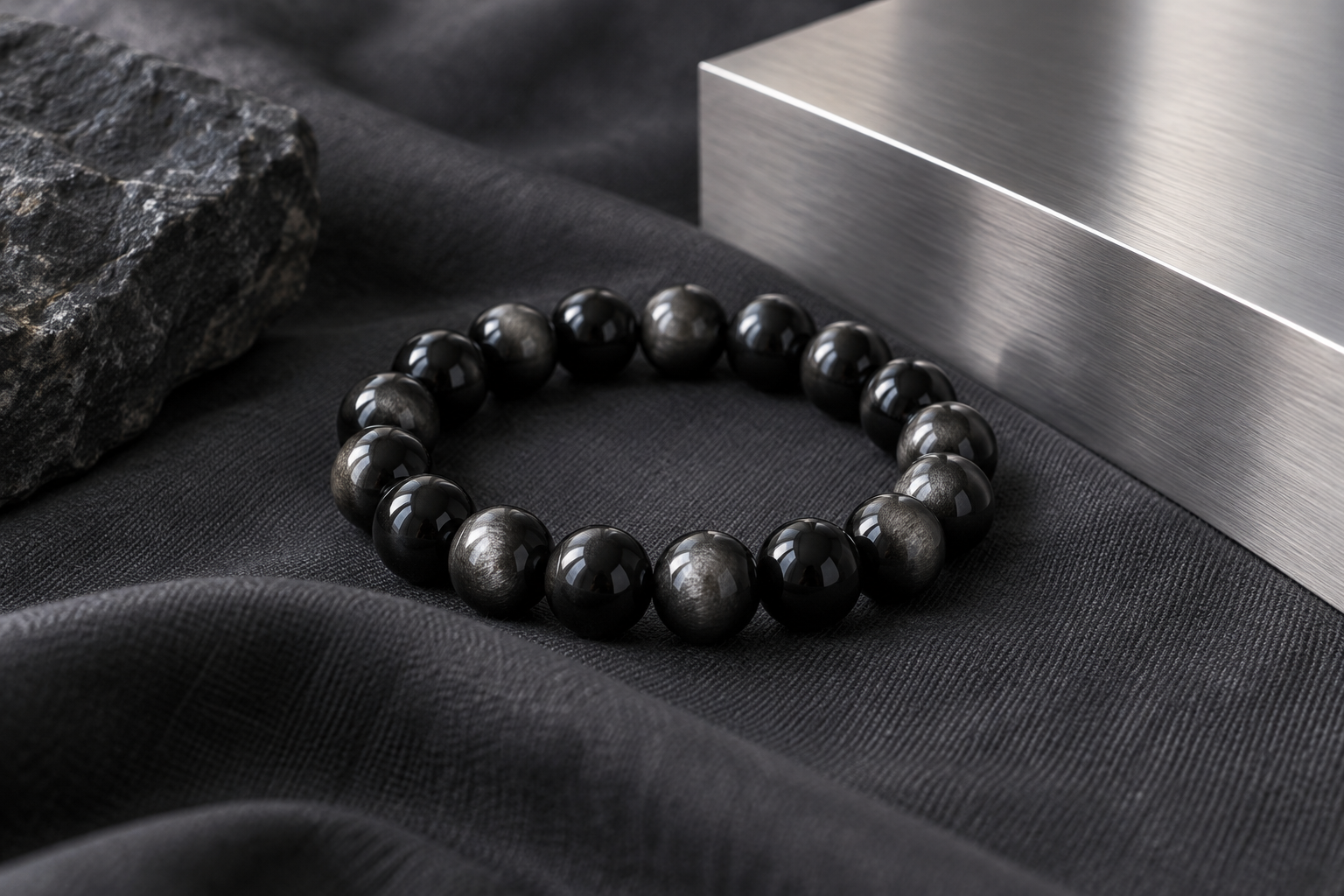 Silver sheen obsidian black bead bracelet on charcoal fabric beside brushed steel