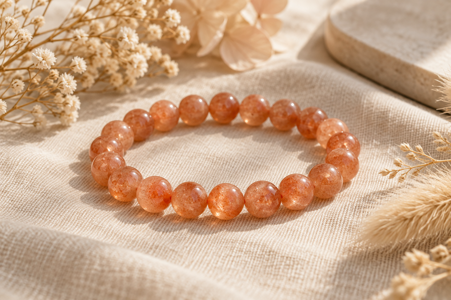 Sunstone peach orange bead bracelet on warm beige linen with dried flowers