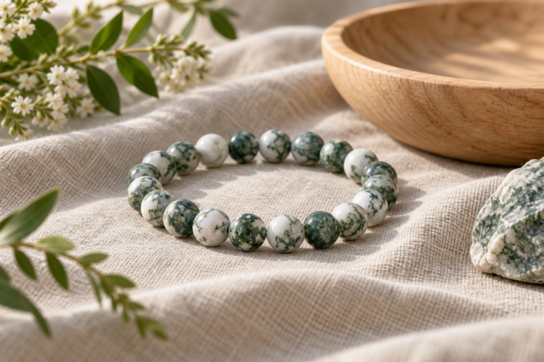 Tree agate white and green bead bracelet on natural linen with a light wood bowl