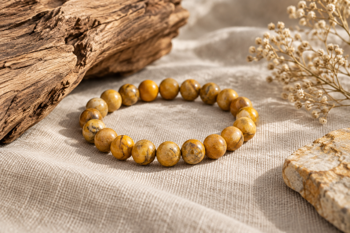 Yellow jasper warm golden bead bracelet on oatmeal linen with a raw wood accent