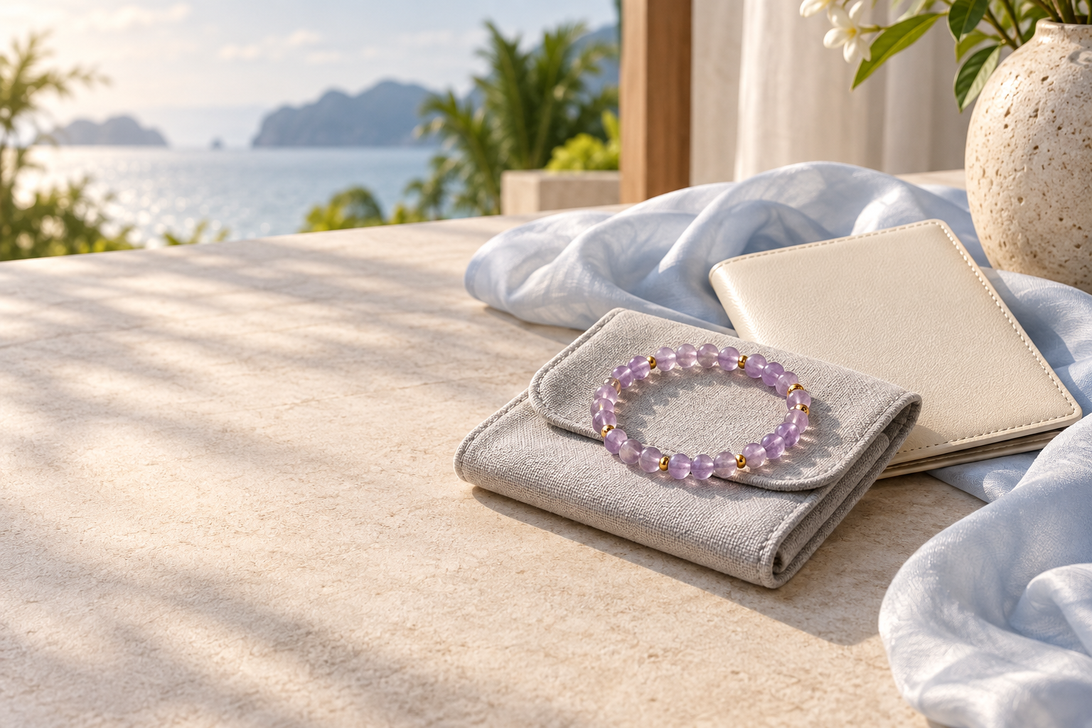 Lavender amethyst bead bracelet with travel pouch and pale blue scarf