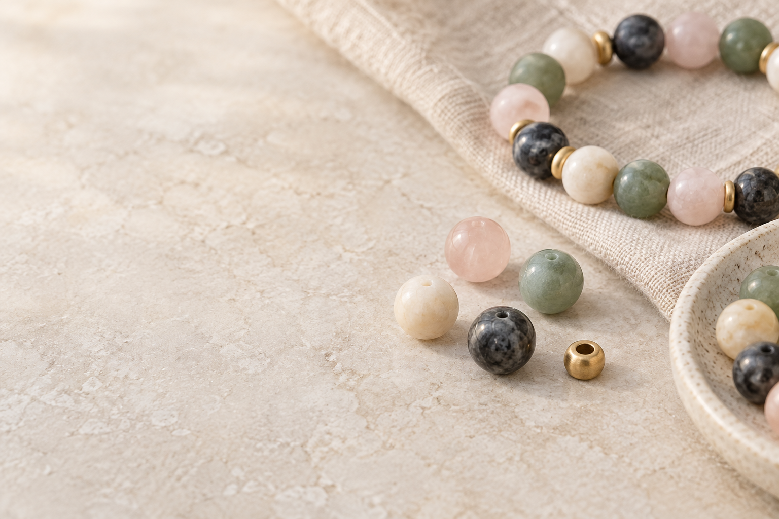 Natural stone beads and a partially assembled bracelet on warm ivory linen