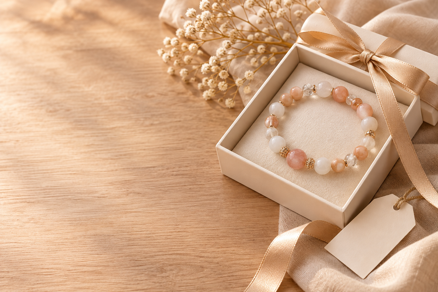 Peach and white bead bracelet in cream gift box with champagne ribbon and dried flowers
