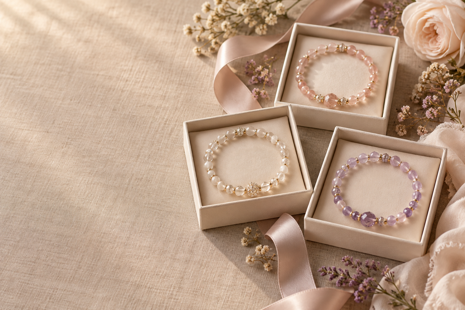 Three pale blush ivory and lavender bead bracelets in individual cream presentation boxes