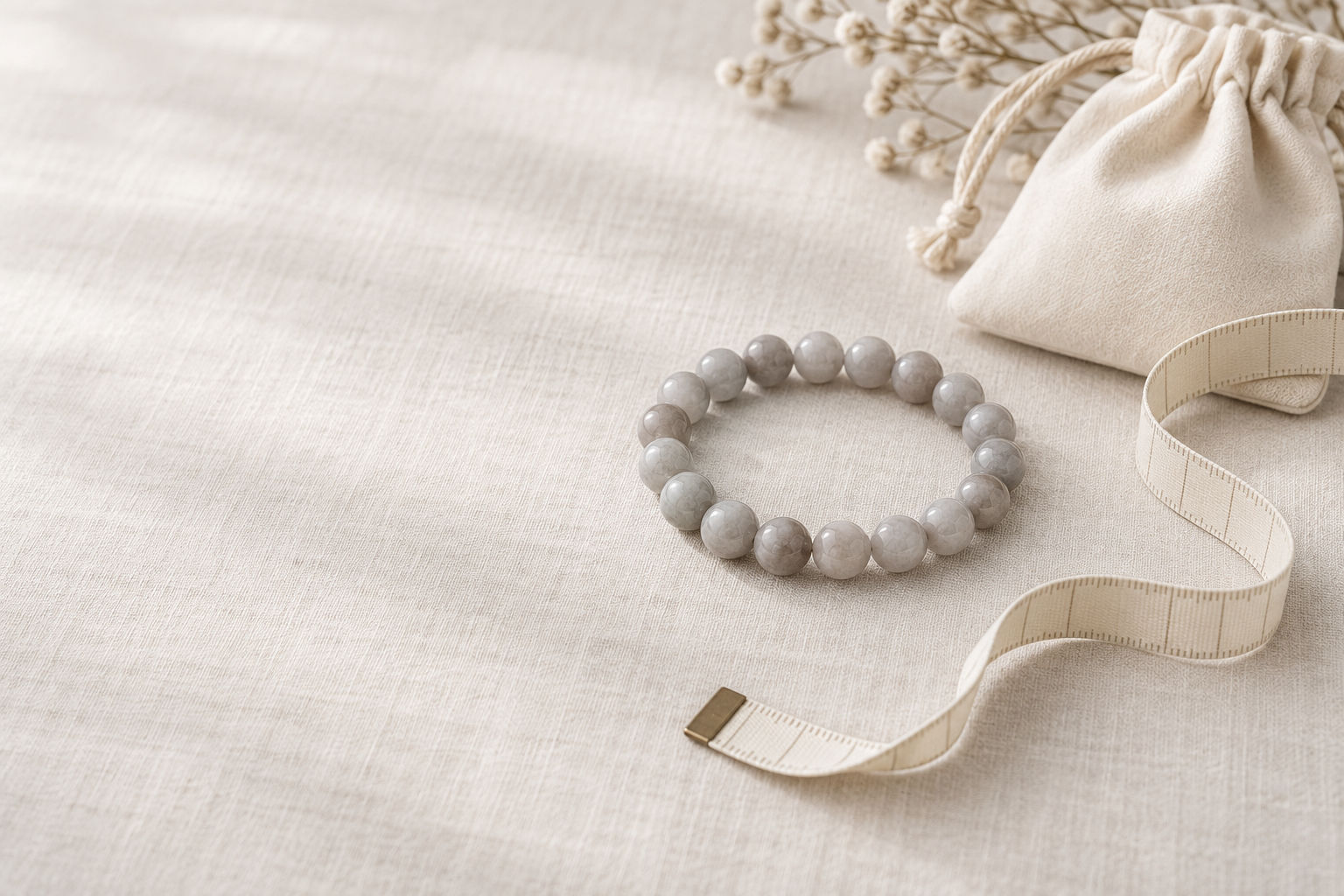 Pale grey bead bracelet with unmarked measuring tape and cream jewelry pouch