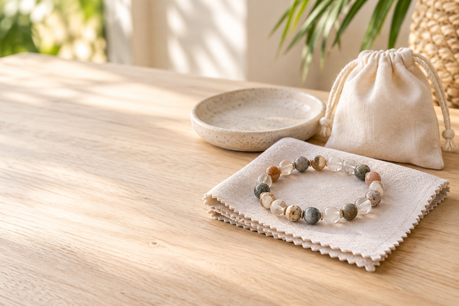 Natural stone bead bracelet with clean microfiber cloth and cream storage pouch
