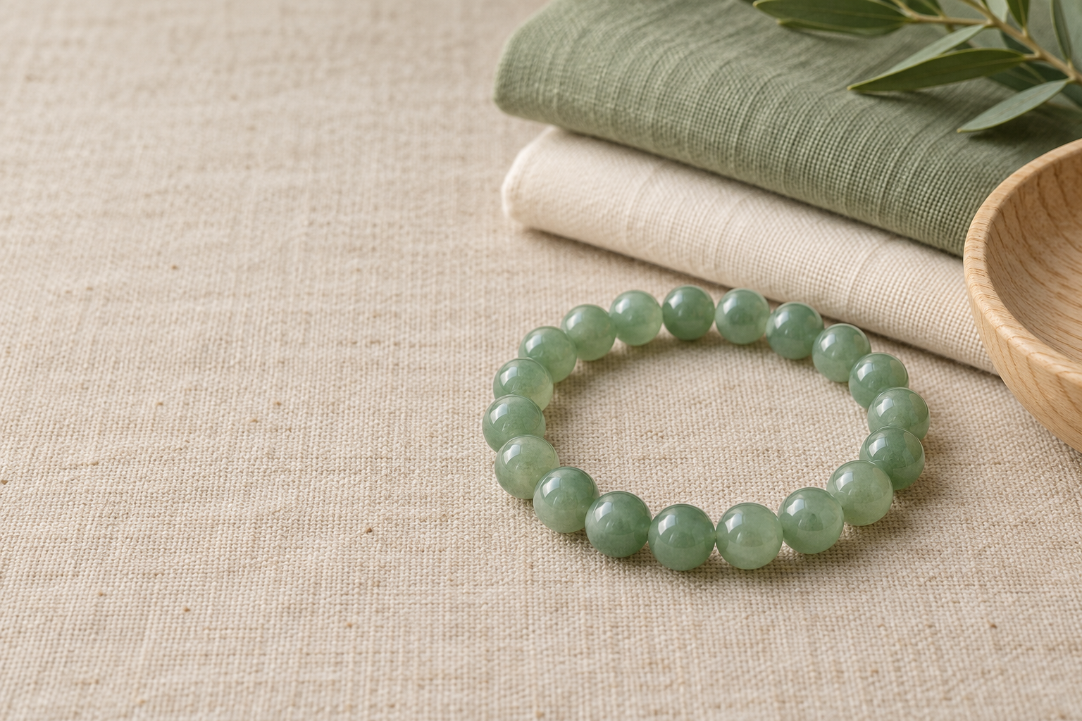 Soft green aventurine bead bracelet with sage and cream cotton fabric swatches