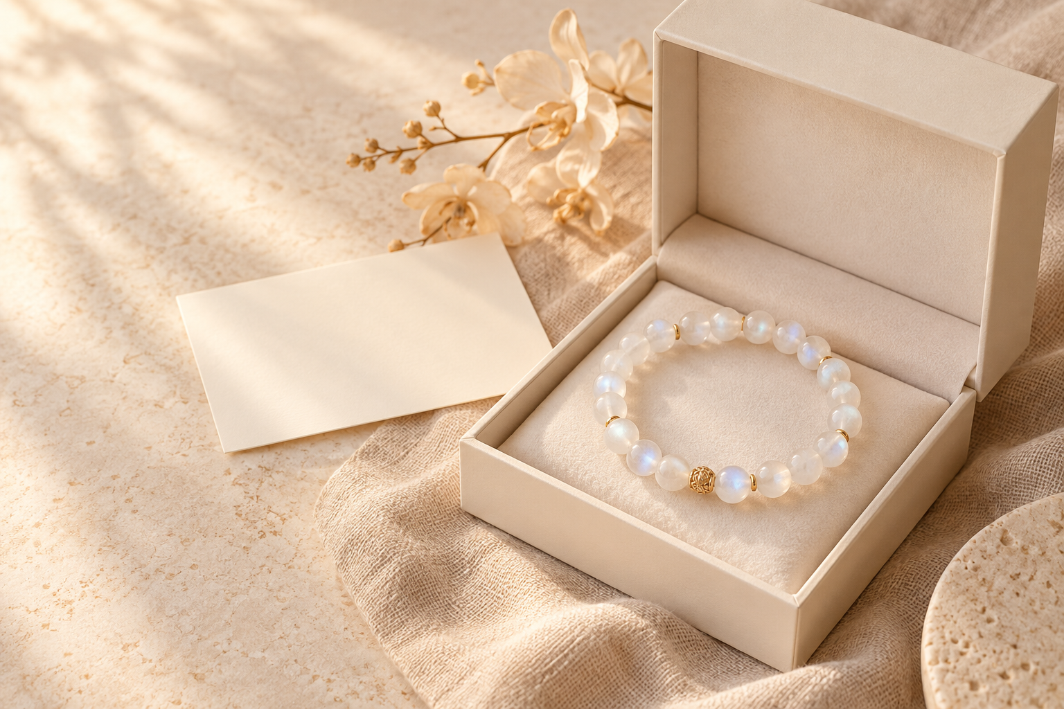 White moonstone bead bracelet in a cream gift box with blank note card and dried orchid