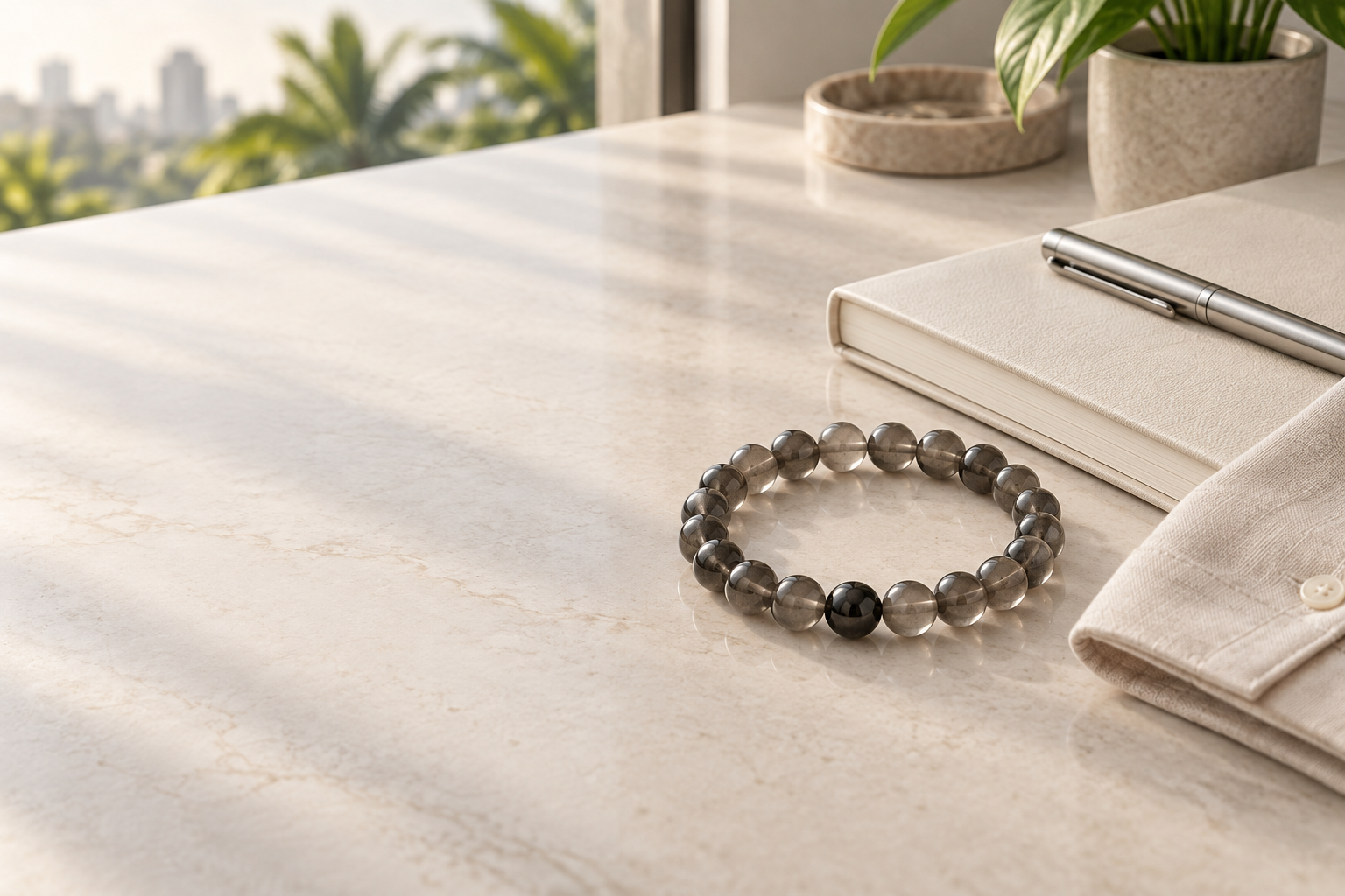 Understated smoky grey bead bracelet with ivory notebook and silver pen