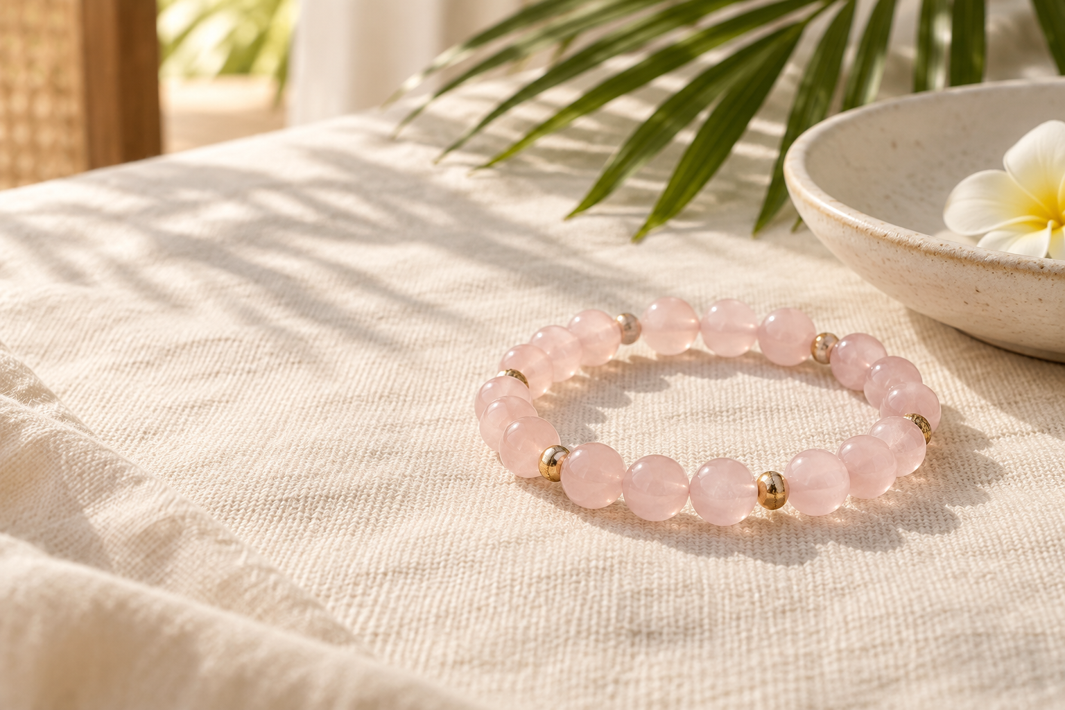 Pale blush rose quartz bead bracelet on ivory linen with a cream dish and palm shadow