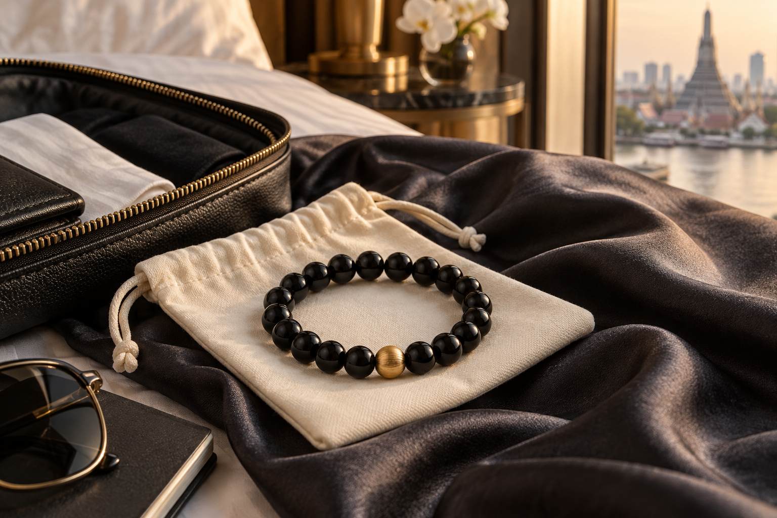 Black bead bracelet on charcoal silk beside an ivory travel pouch