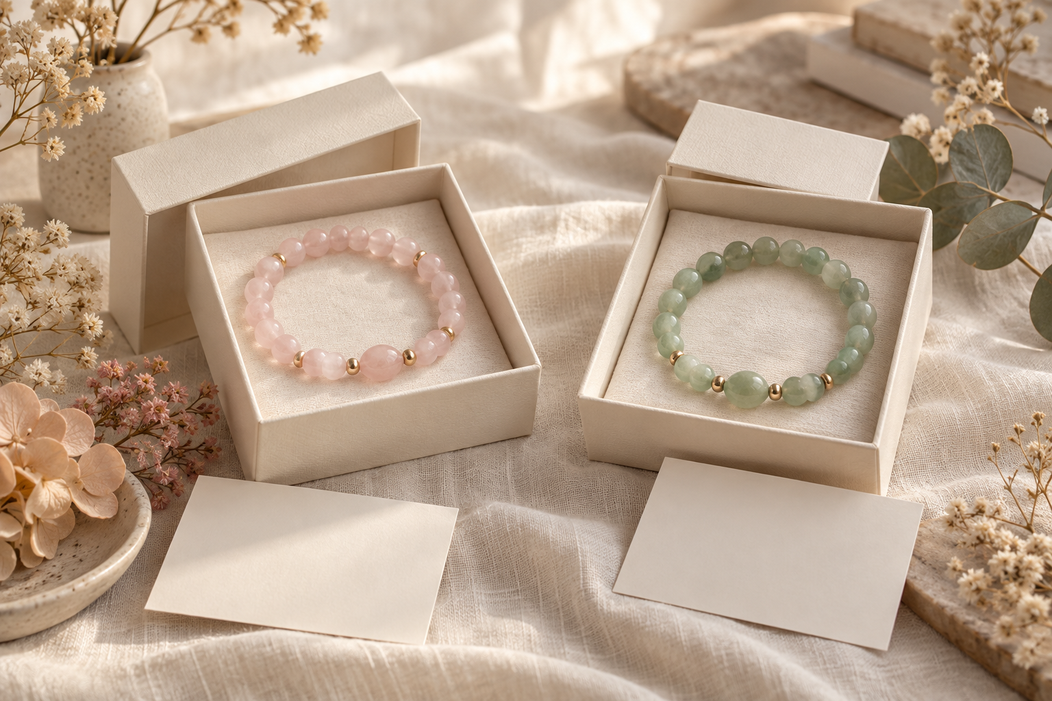 Blush and pale green bead bracelets in separate cream gift boxes with blank cards