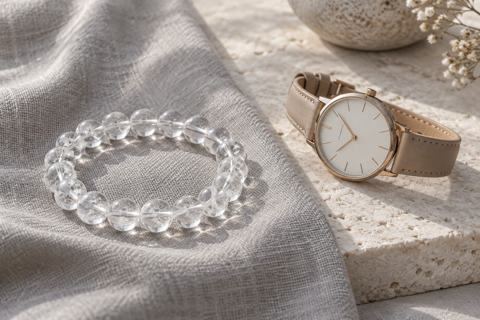 Clear bead bracelet and slim watch resting separately on dove grey linen