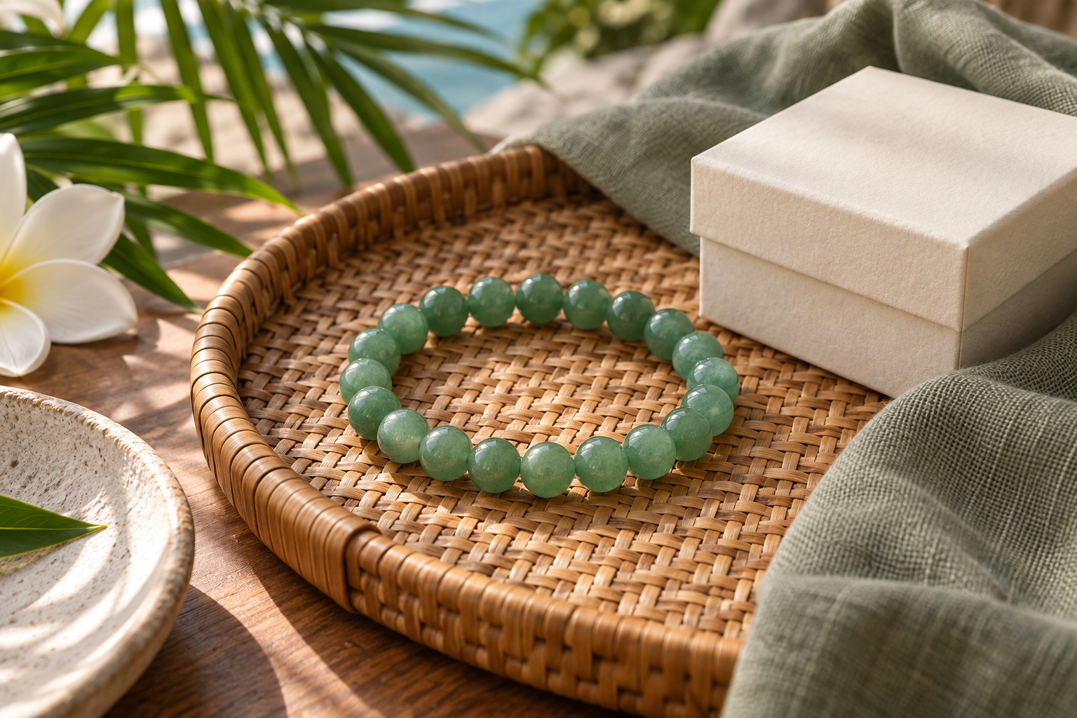 Green aventurine bead bracelet on a rattan tray with sage linen and a cream box