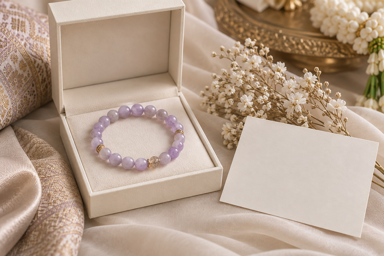 Lavender bead bracelet in a cream gift box with a blank note and dried flowers