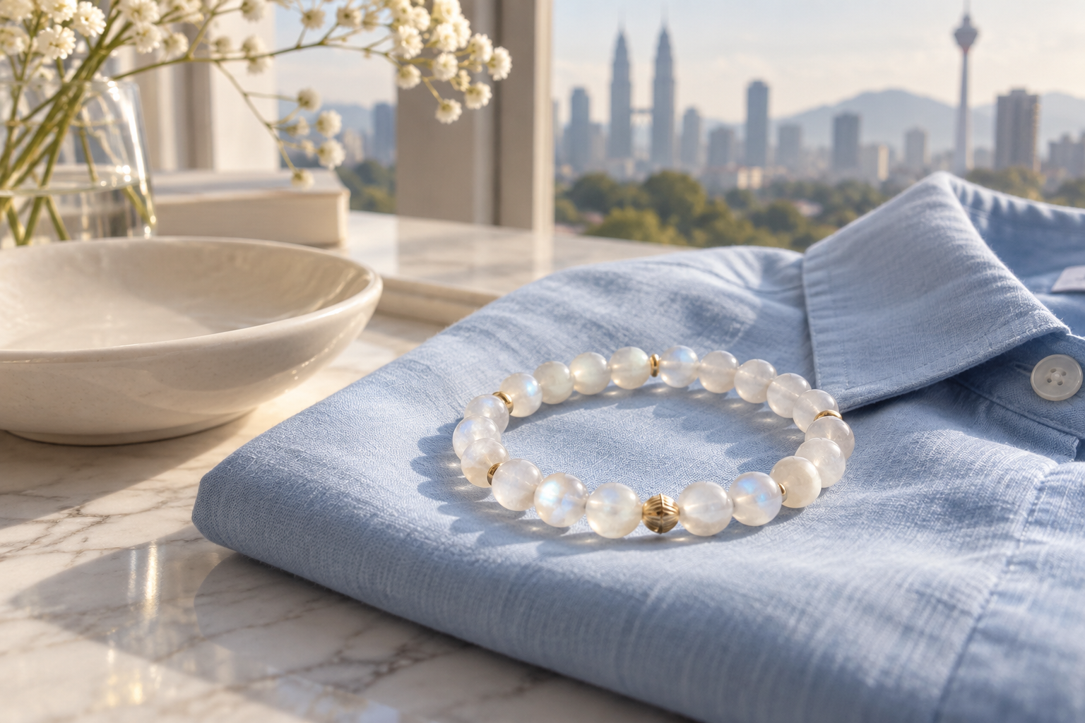 Moonstone bead bracelet on a pale blue cotton shirt beside an ivory dish