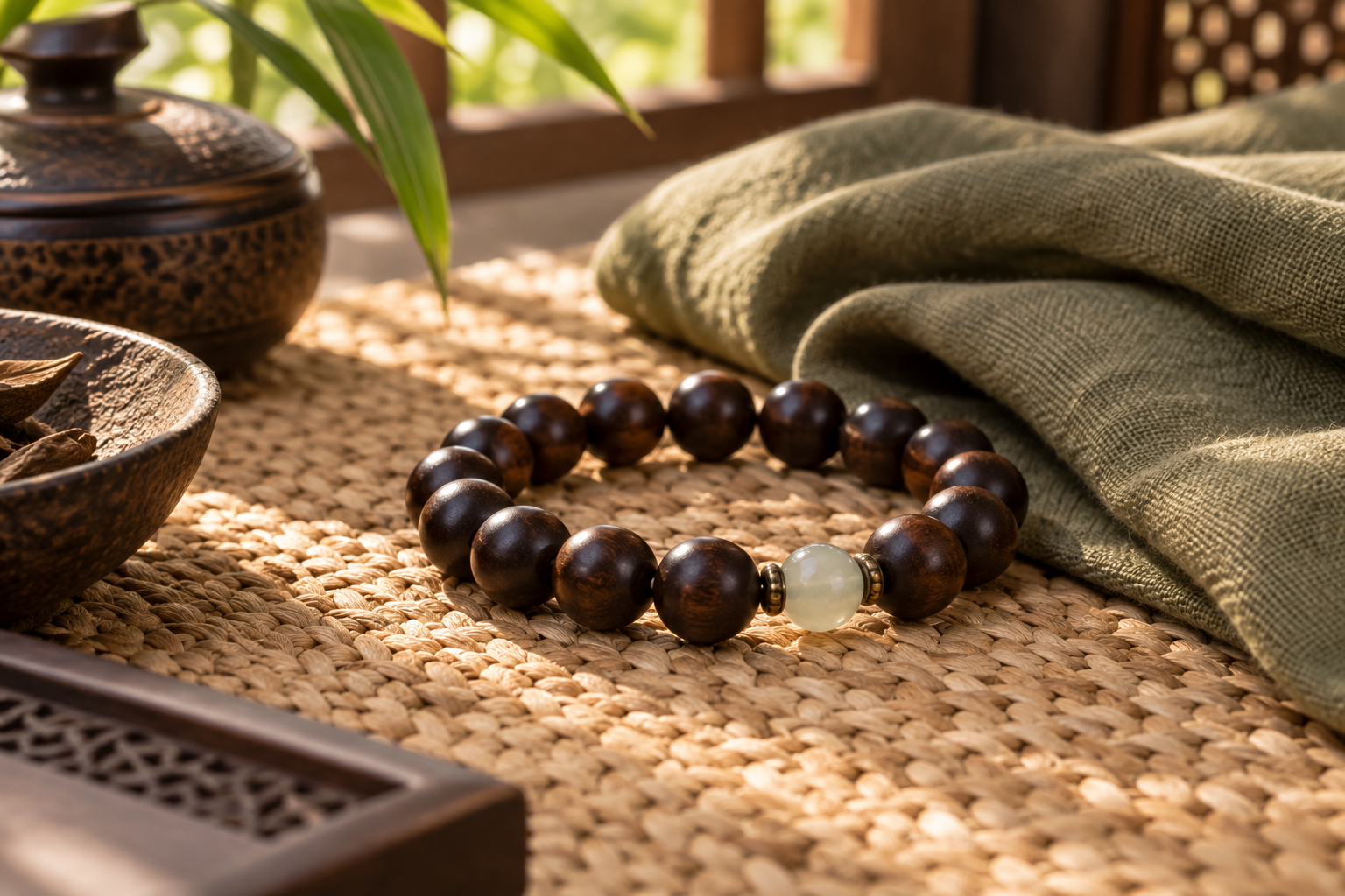 Dark wood bead bracelet with a pale stone accent on a woven mat beside olive linen
