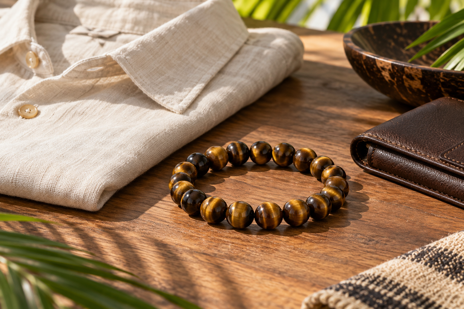 Golden brown bead bracelet beside folded cream linen and a dark leather accessory
