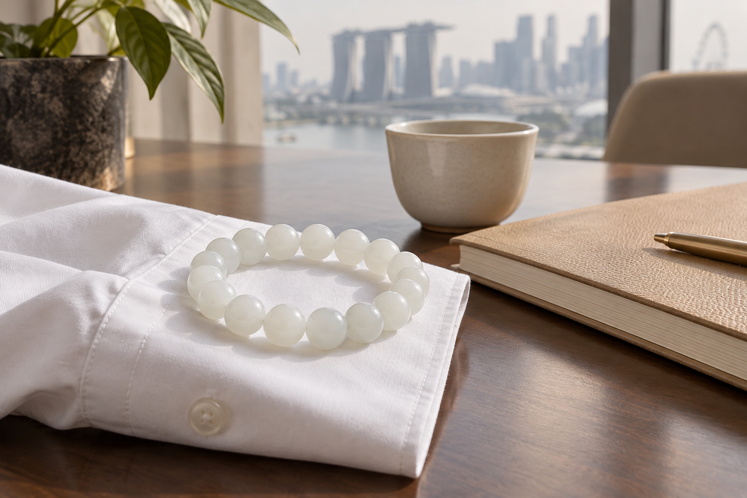 White bead bracelet on a white shirt cuff beside a tan notebook and ceramic cup