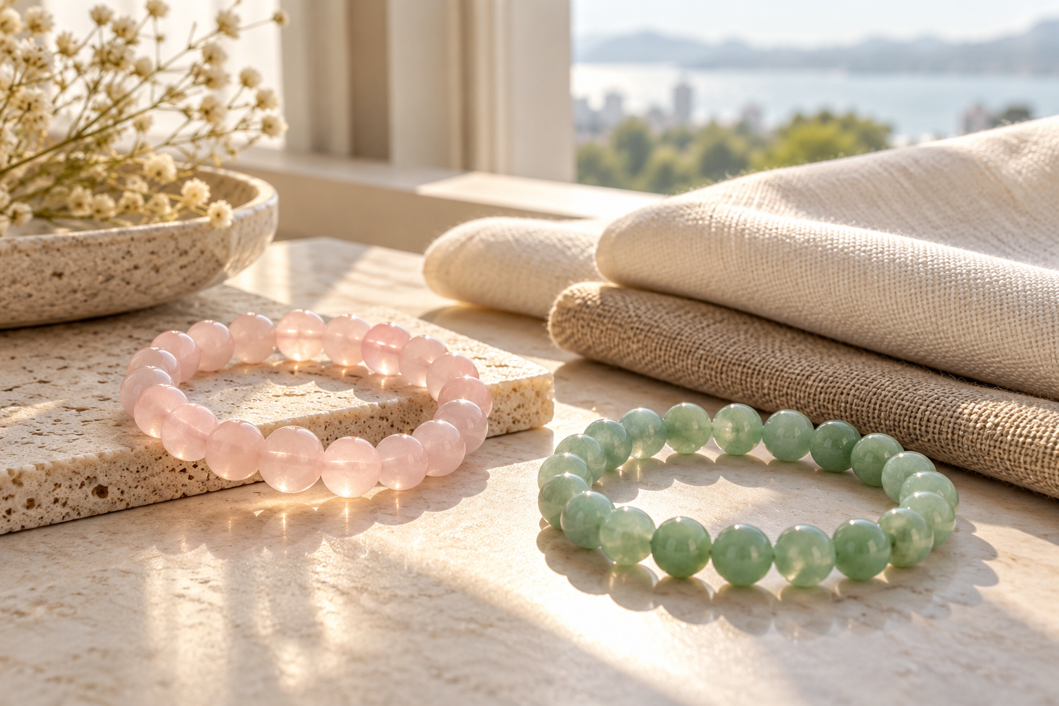Pale pink and soft green bead bracelets beside neutral fabric swatches in window light