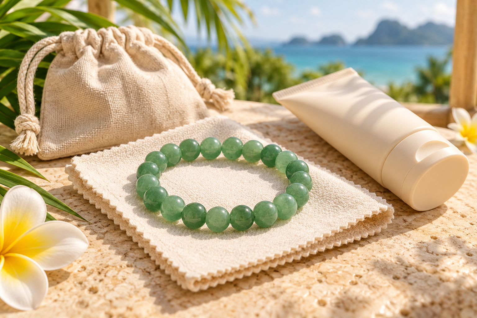 Green bead bracelet on a soft cleaning cloth beside a closed plain sunscreen tube