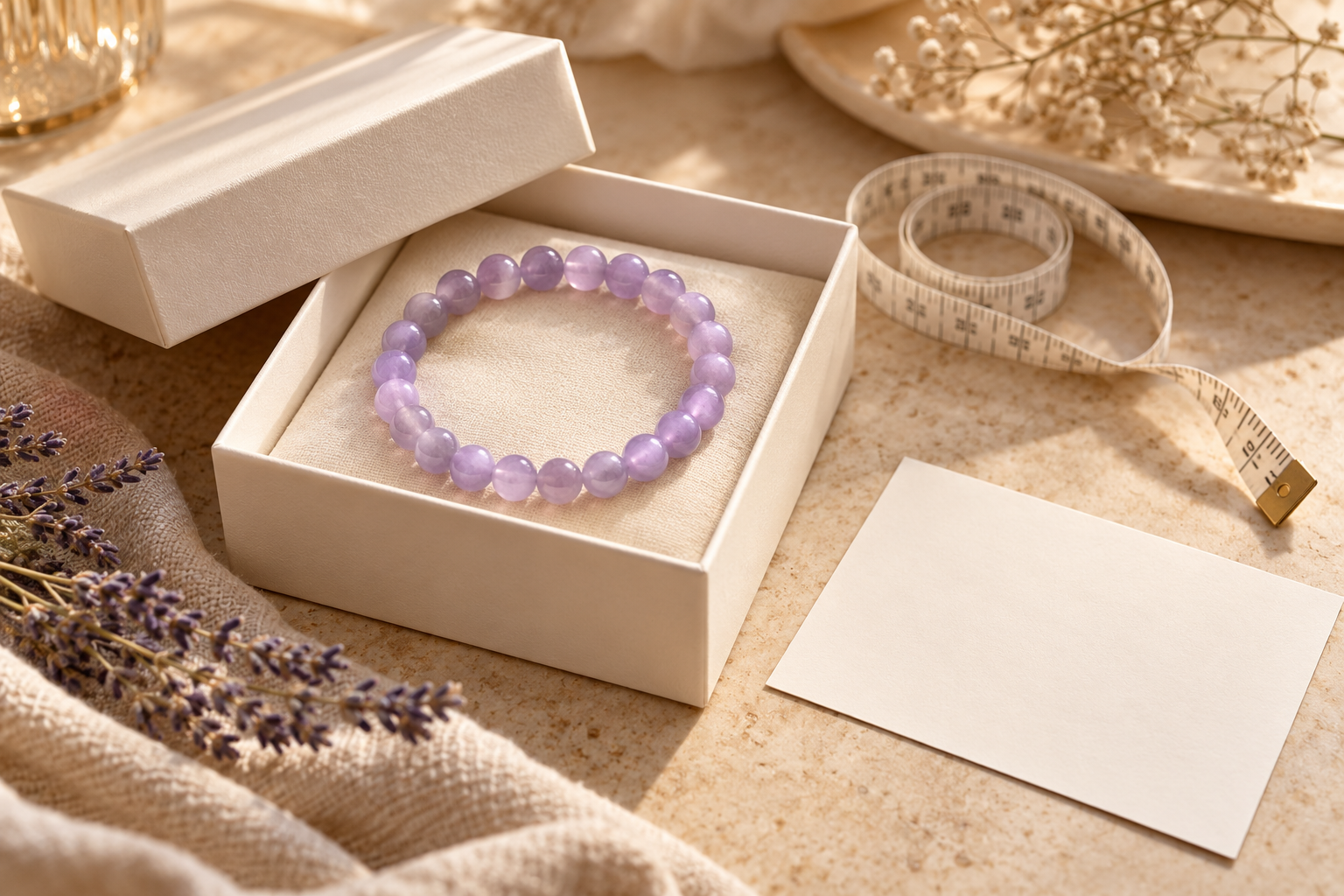 Lavender bead bracelet in a cream gift box beside a flexible measuring tape and blank card