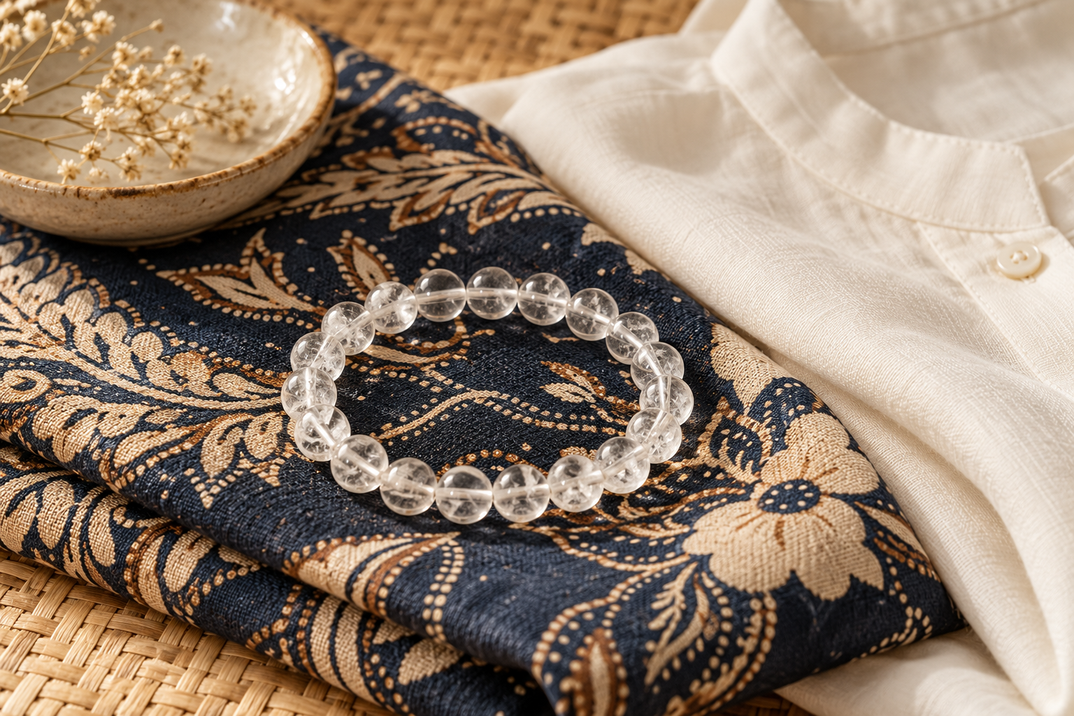 Clear bead bracelet on folded indigo and cream batik fabric beside an ivory blouse