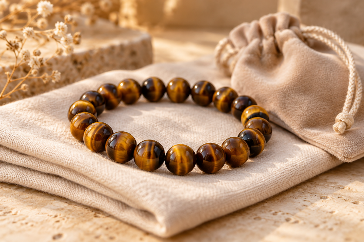 Tiger eye bead bracelet on a soft cloth beside a plain jewelry pouch