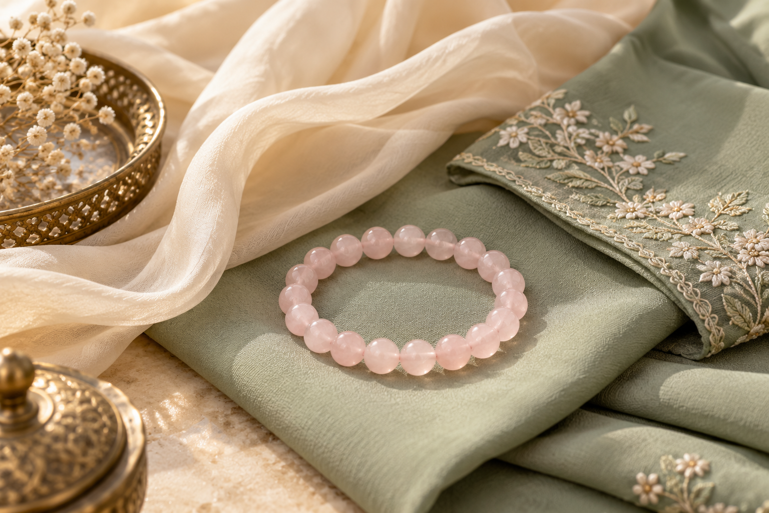 Pink bead bracelet on sage green baju kurung fabric with an embroidered cuff