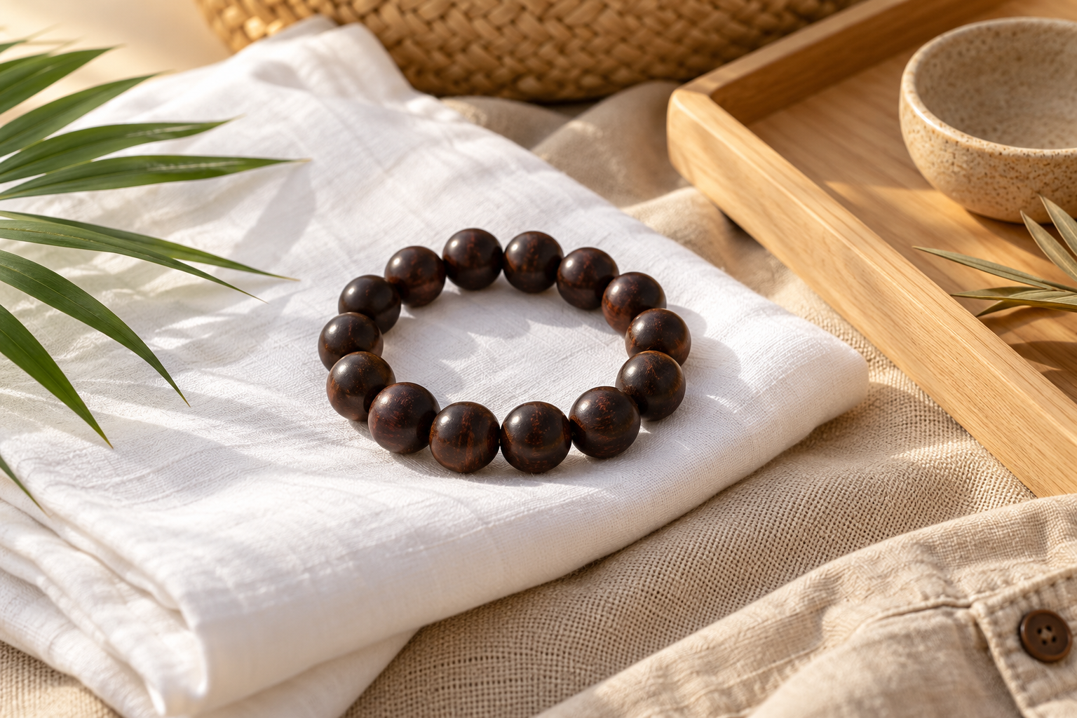 Dark wood bead bracelet on folded white cotton beside beige canvas and a wood tray