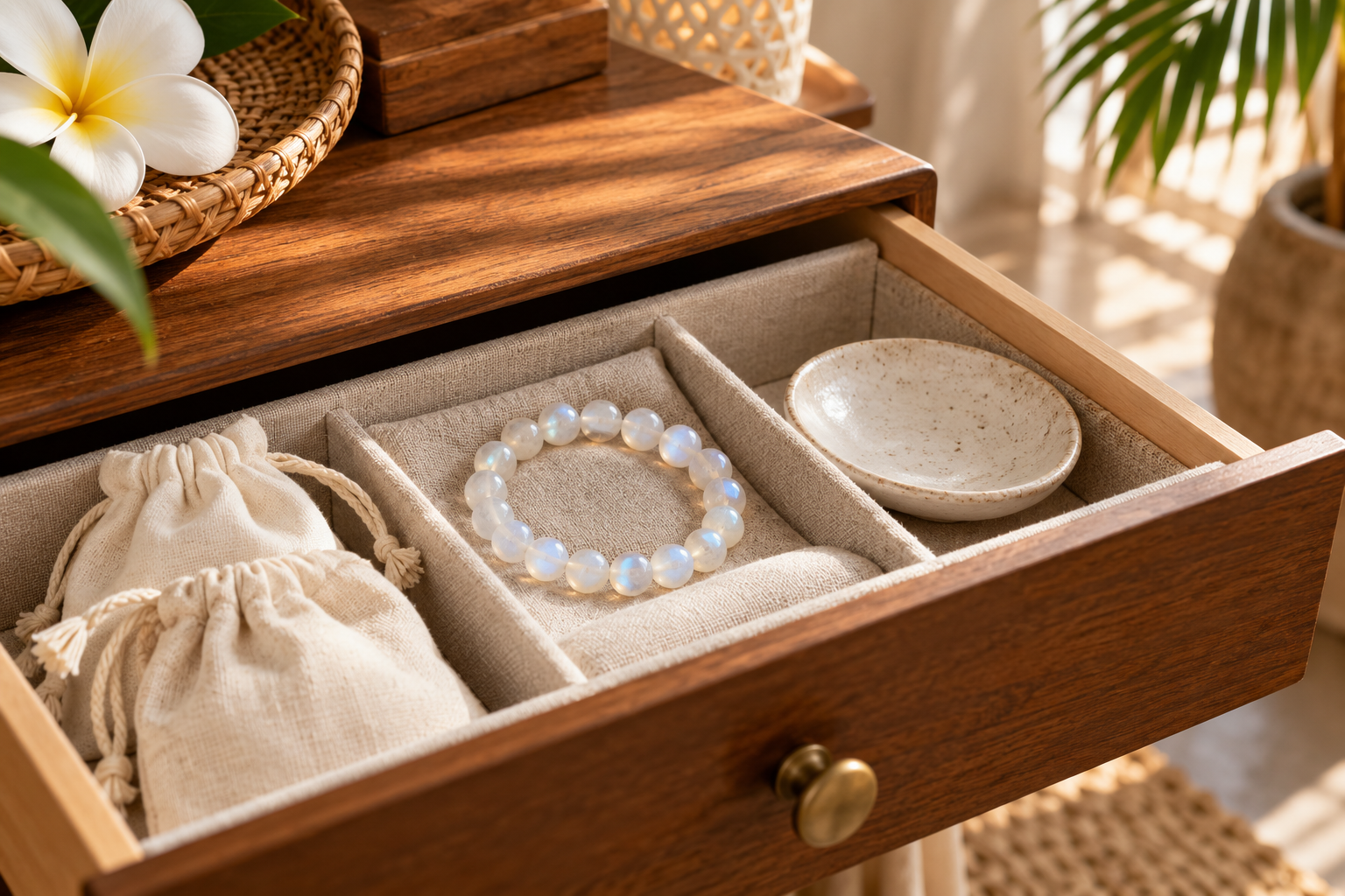 Pale bead bracelet in a lined drawer beside separate soft cotton jewelry pouches