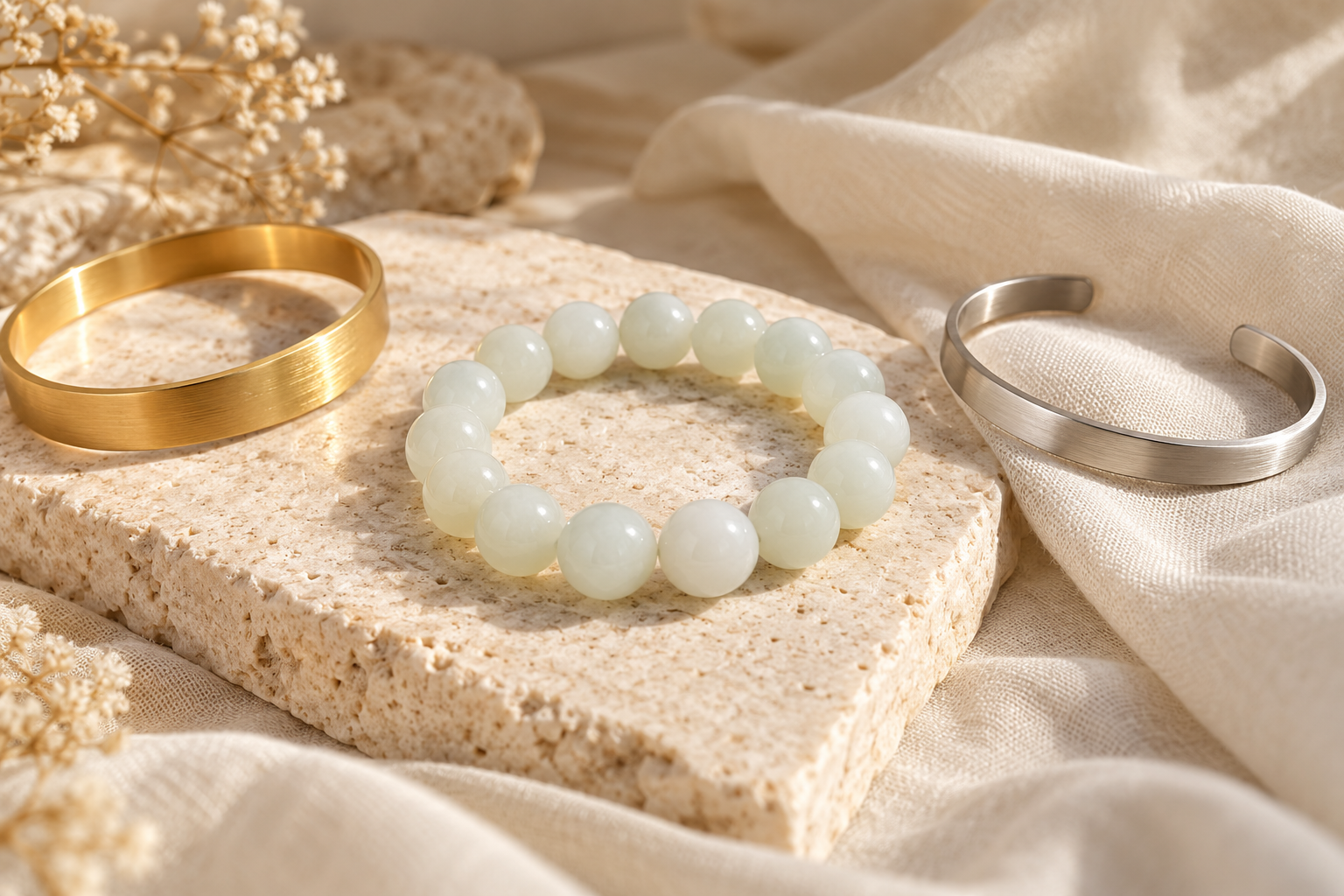 White bead bracelet between separate brushed gold and silver jewelry accents on ivory linen