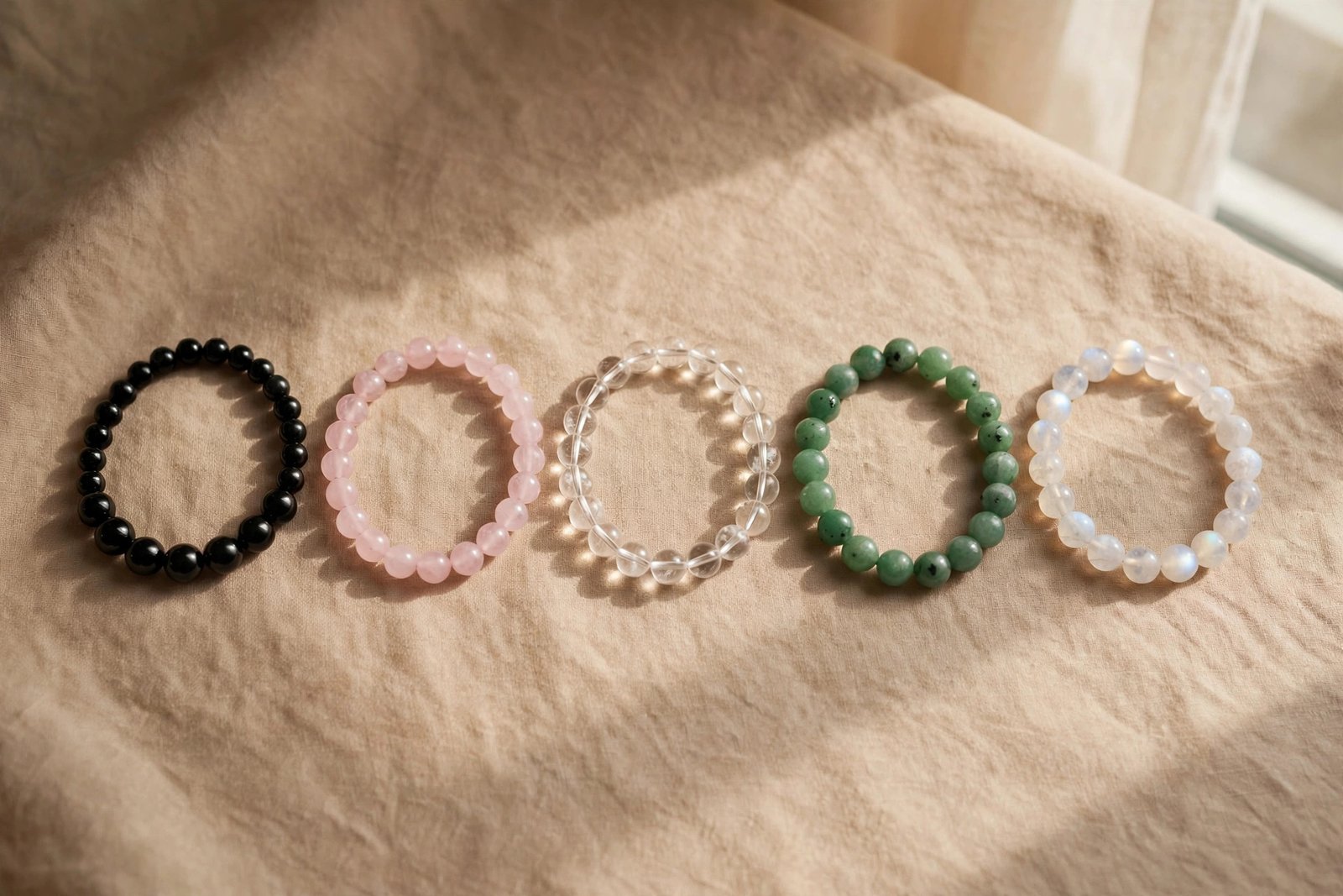 Five different crystal bracelets arranged as a capsule collection