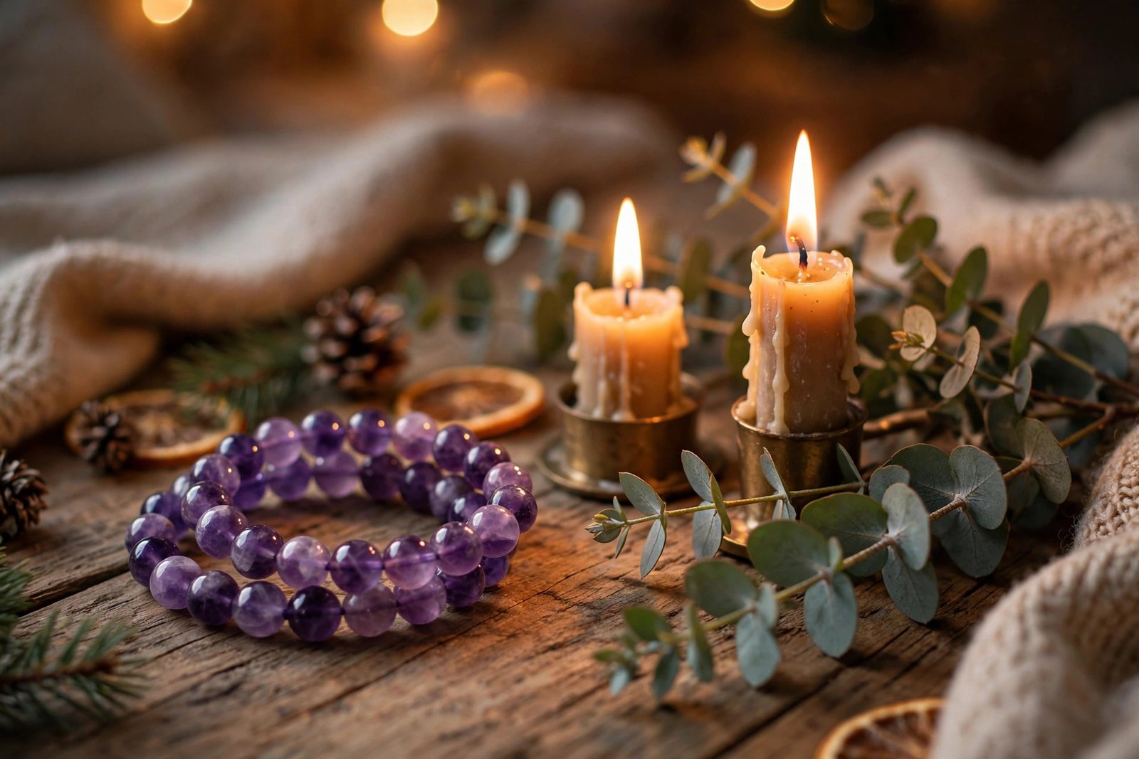 Lavender amethyst crystal bracelet beside Christmas candles