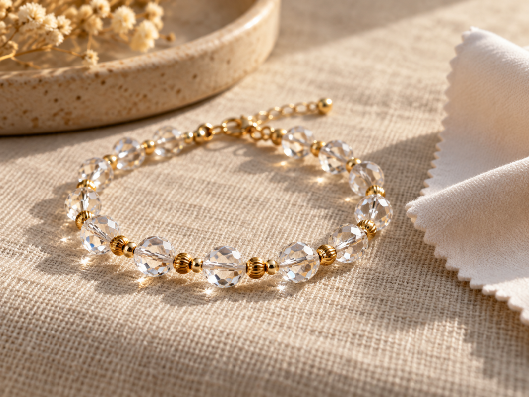 Close-up of a crystal bead bracelet with small gold-toned metal spacers and a soft cloth
