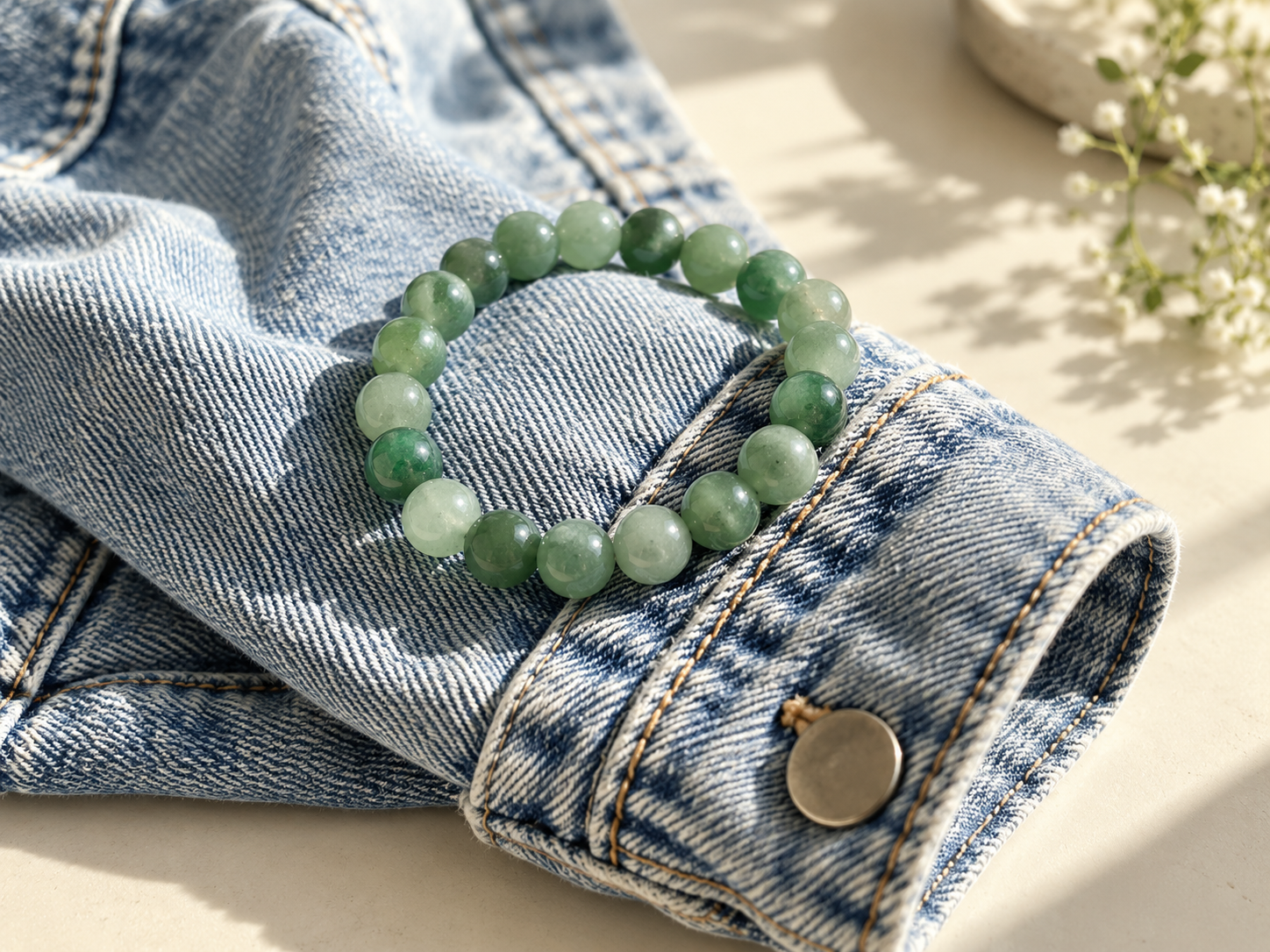 Green aventurine bead bracelet laid across light blue denim on an ivory surface