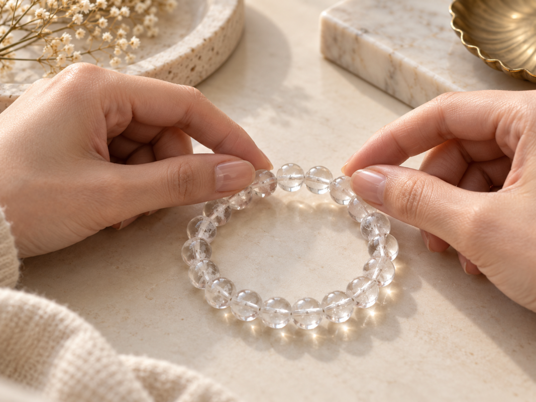 Hands gently checking an elastic crystal bead bracelet on a cream tabletop