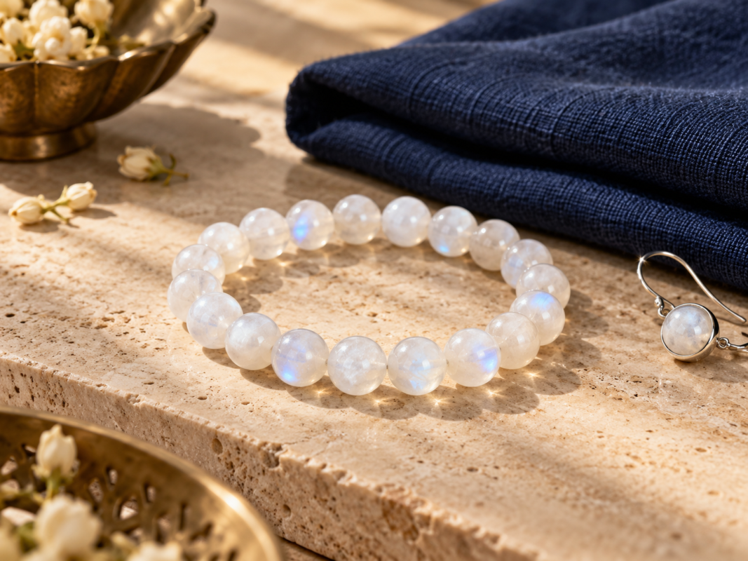 White moonstone bead bracelet beside folded navy linen and a silver earring