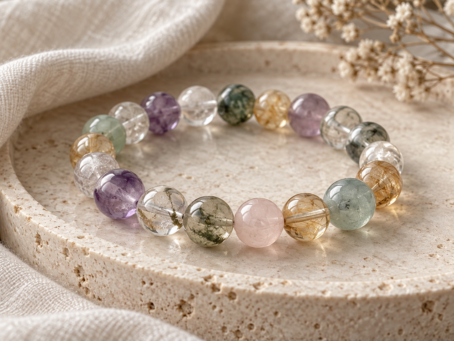 Close view of a crystal bead bracelet showing subtle differences in bead colour and inclusions