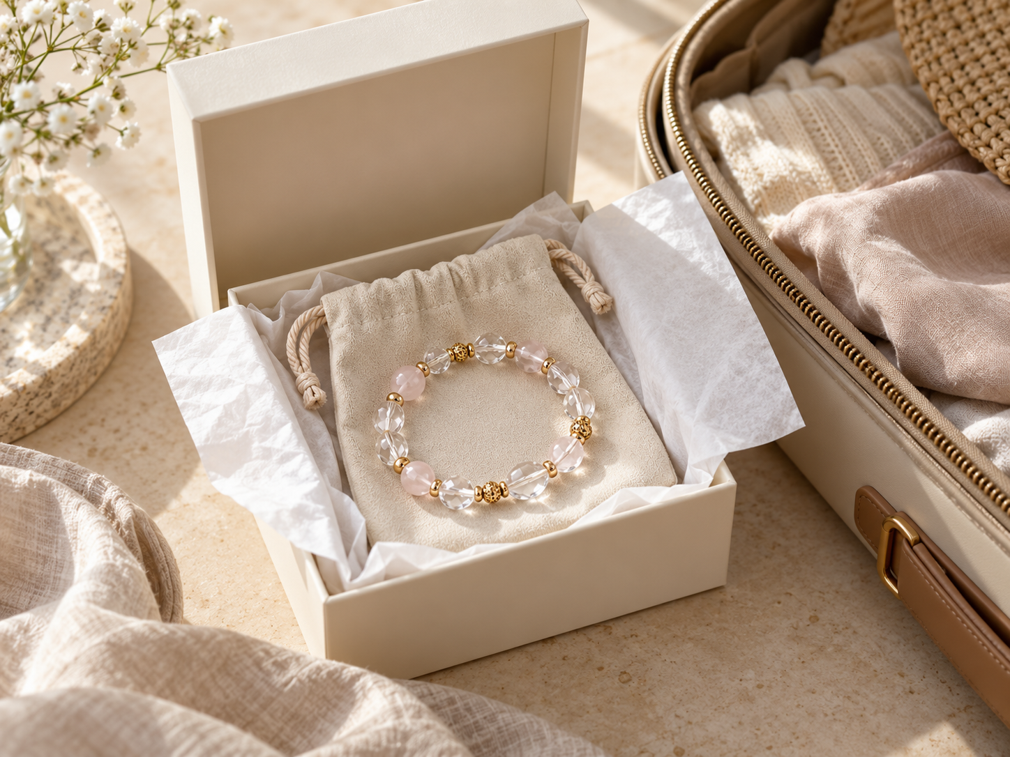 Crystal bead bracelet in an open cream gift box with tissue and protective pouch