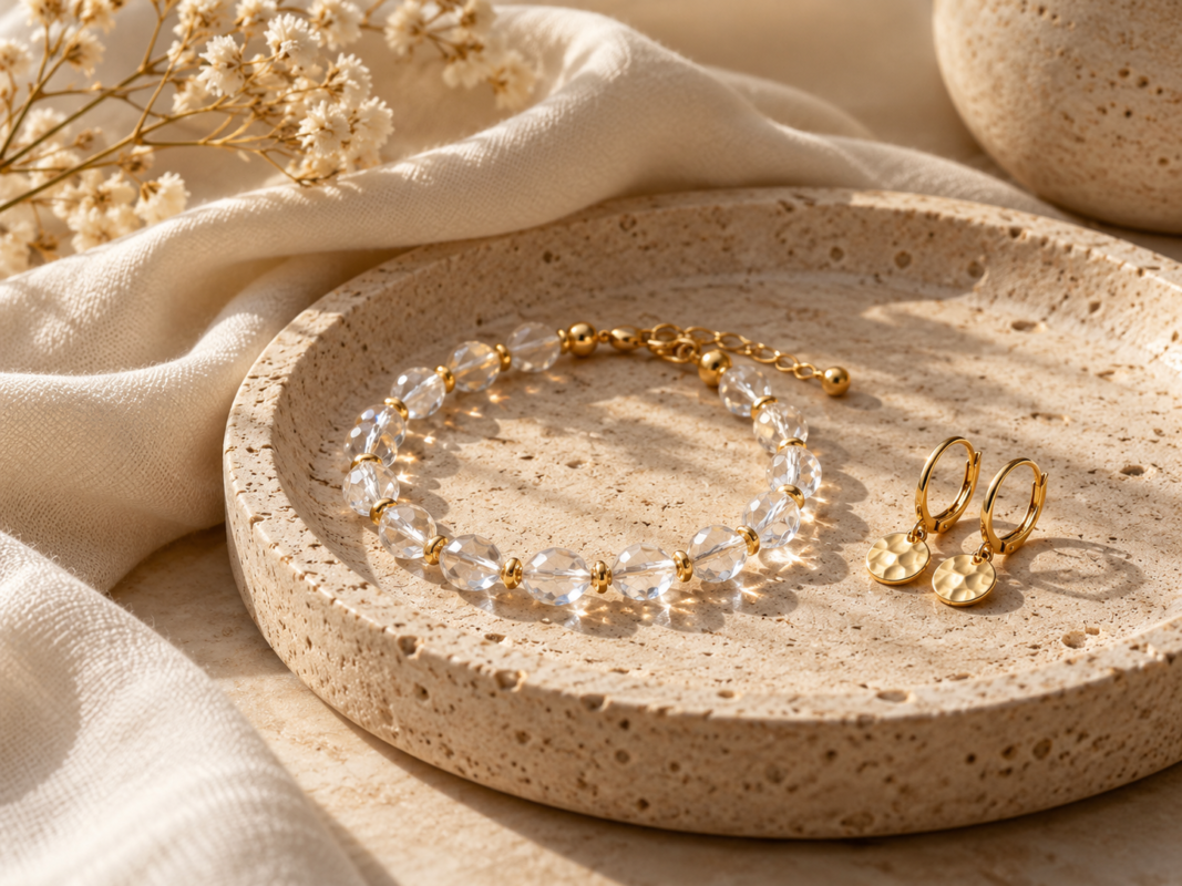 Crystal bead bracelet arranged beside small gold earrings on a pale stone dish