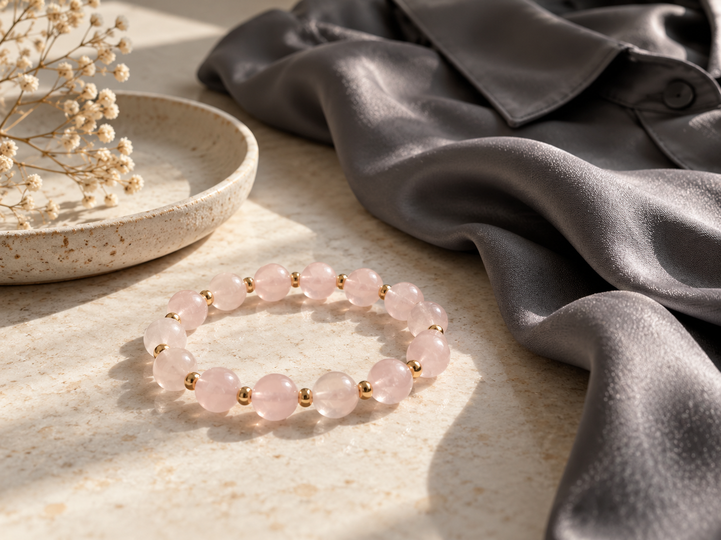 Pink rose quartz bead bracelet with gold-toned spacers beside charcoal grey fabric