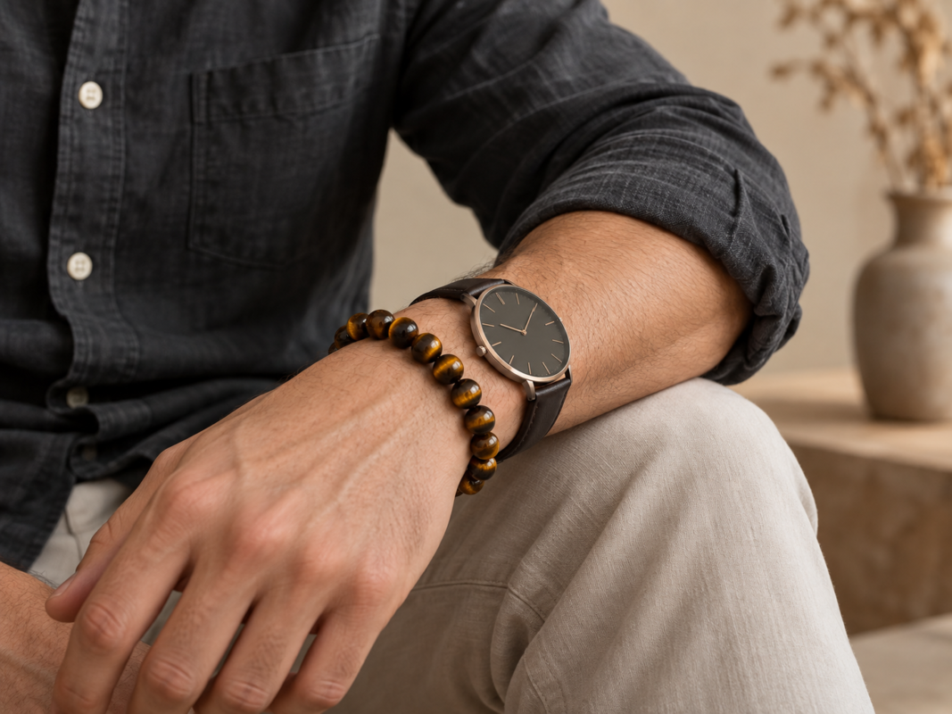 Brown tiger eye bead bracelet beside a charcoal cotton shirt and simple watch