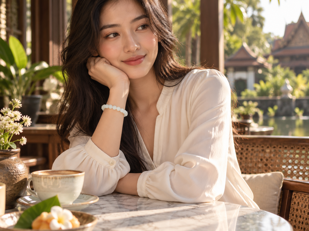 White jade bead bracelet worn with a long-sleeve ivory blouse in soft daylight