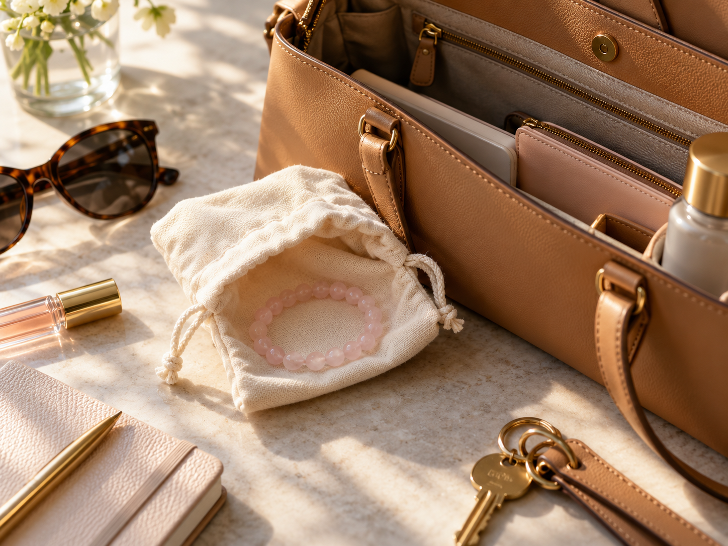 Pink crystal bracelet in a soft pouch next to an open tan handbag