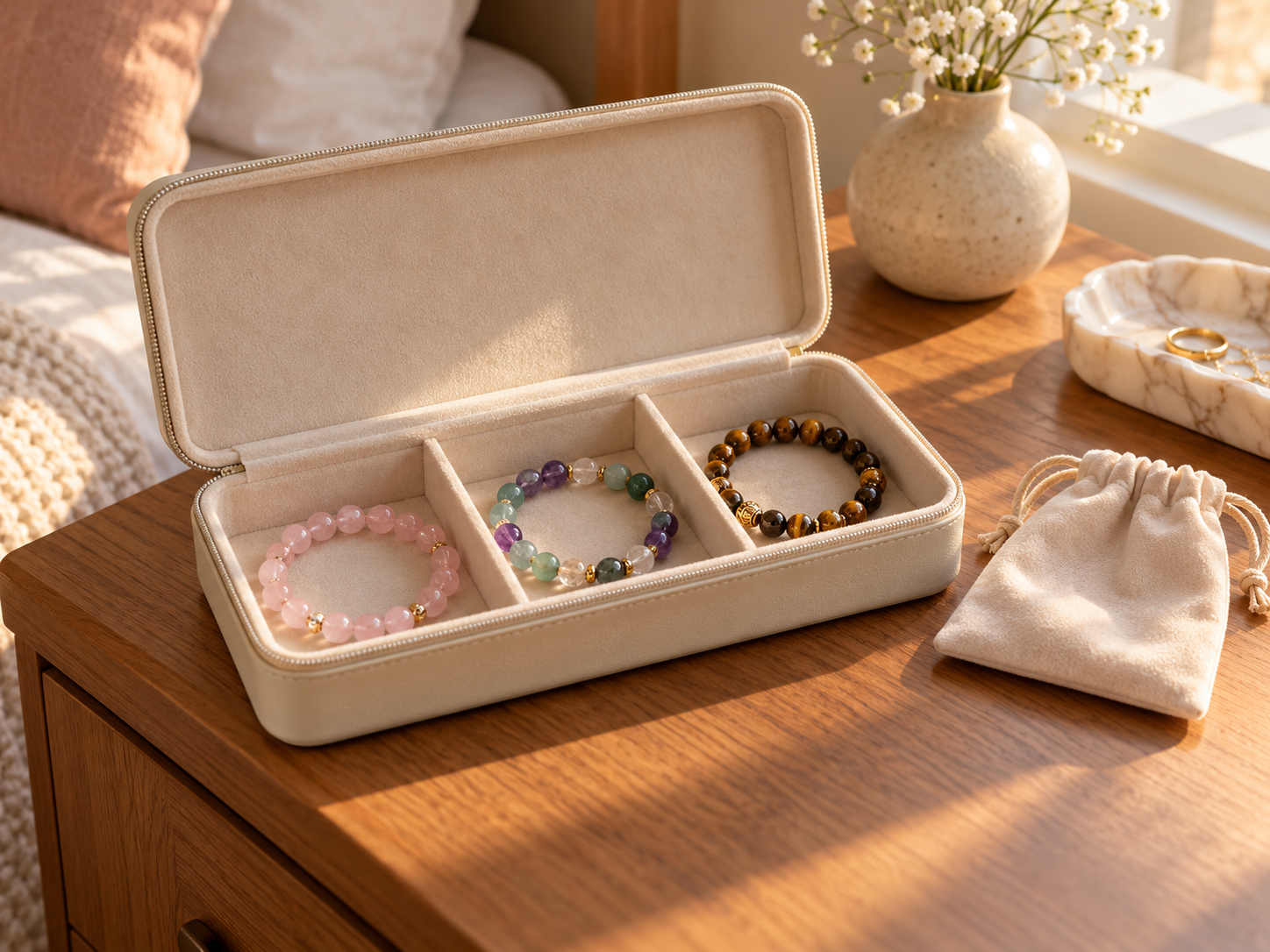 Small crystal bracelet collection stored in separate compartments of a cream organizer