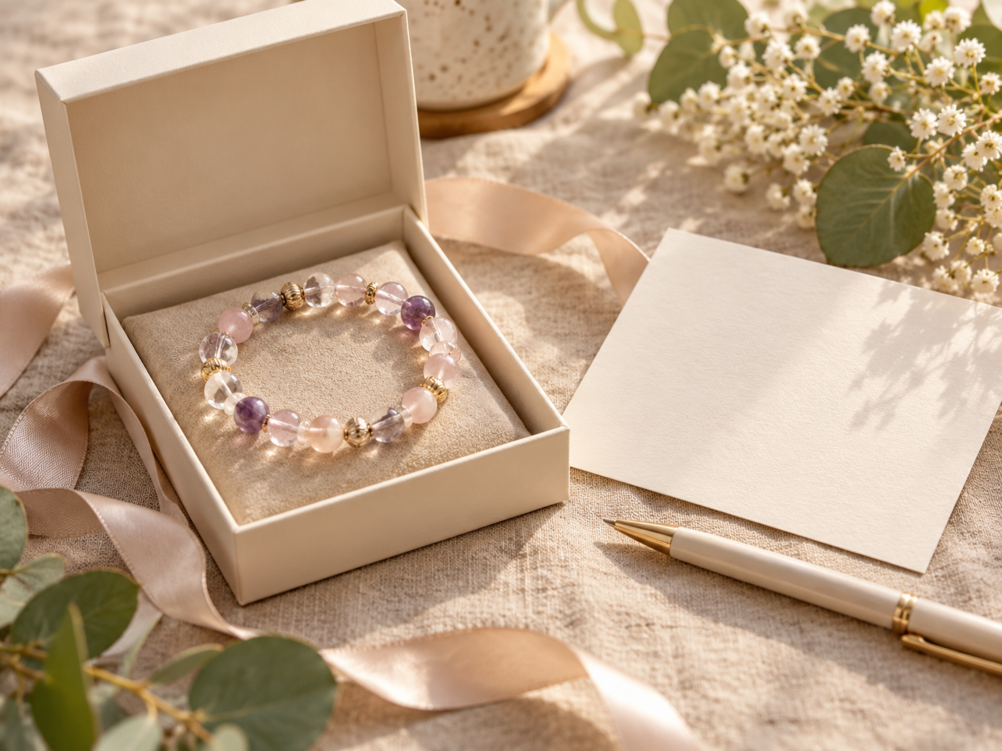 Crystal bracelet gift in an open cream box beside a blank note card and pen