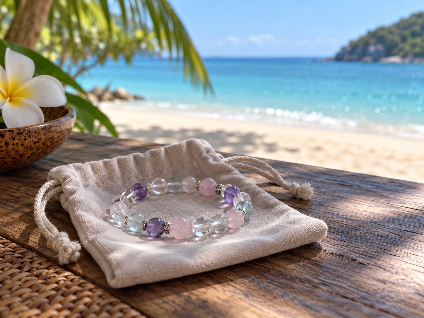 Pale crystal bead bracelet resting on a dry fabric pouch in beach shade