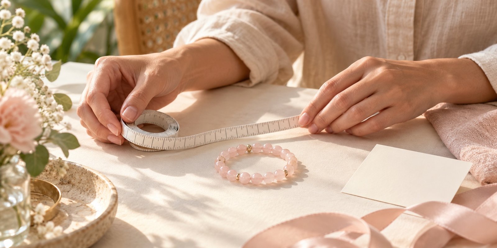 Hands holding a flexible measuring tape near a pale pink bead bracelet and blank gift card